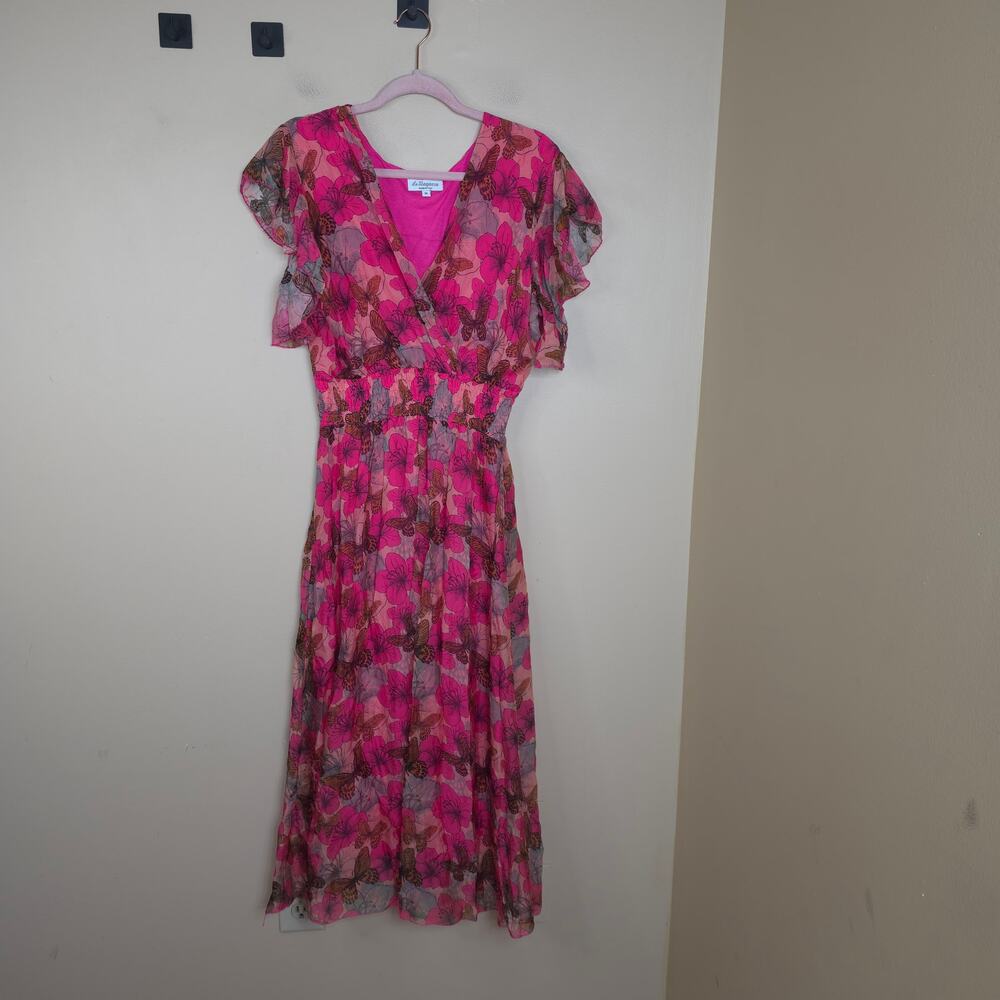 Le Ragazze Short Ruffle Sleeve Maxi Dress in Pink F;oral Butterly Size M